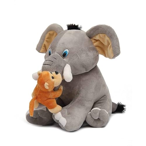 Image of DearJoy Baby Elephant with Monkey Soft Toy Grey - Height 35Cm