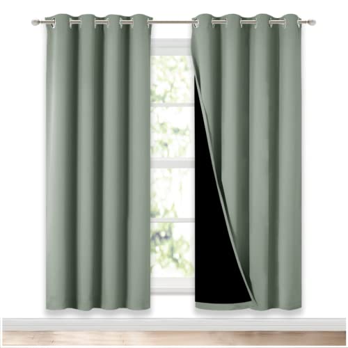 Image of NICETOWN 100% Blackout Window Curtain Panels, Full Light Blocking Drapes with Black Liner for Nursery, 72-inch Drop Thermal Insulated Draperies (Greyish Green, 2 Pieces, 52-inch Wide Per Panel)