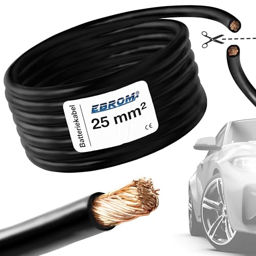EBROM FLY Fahrzeugleitung SCHWARZ KFZ Leitung Batteriekabel – Querschnitt 25 mm² - Meterware – flexibel 90 ± 5 Shore, 100% Kupfer, Mantel Spezial PVC FLY FLRy - Starterkabel, Fahrzeugkabel in 25mm2