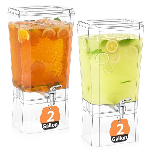 Image of Plastic Drink Dispenser for Parties: 2 Pack 2 Gallon Large Beverage Dispenser with Zero Waste Spigot, Lemonade Container with Stand, Juice Container Ideal for Cocktail, Soda, Sun Tea