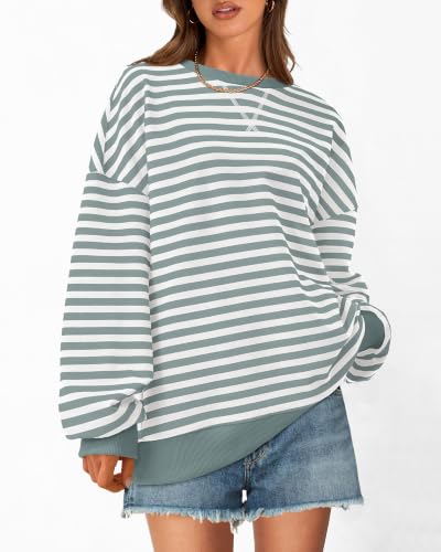 BTFBM Sweatshirt For Women 2026 Fall Crewneck Long Sleeve Oversized Striped Pullover Tops Y2K Clothes Workout Shirt(Light Green White, X-Large) — view 3