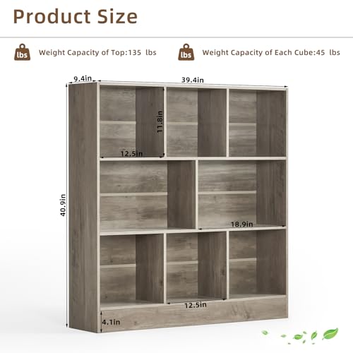LEYAOYAO 8 Cube Bookshelf with Base,3 Tier Mid-Century Modern Grey Bookcase,Standing Wide Bookshelves Storage Organizer Shelf,Rustic Wood Display Cabinet Book Shelves for Bedroom,Living Room,Office
