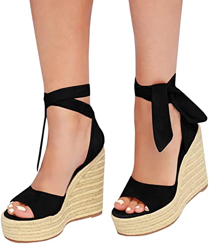 Image of SERAIH Womens Lace up Espadrilles Platform Wedges Sandals Heels Tie Ankle Strap Summer Dress Shoes