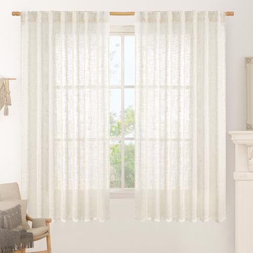 LAMIT Light Filtering Linen Curtains 63 inches Long for Bedroom, Linen Textured Semi Sheer Back Tab and Rod Pocket Boho Drapes for Living Room, Cream, 2 Panels, 60 x 63 Inch