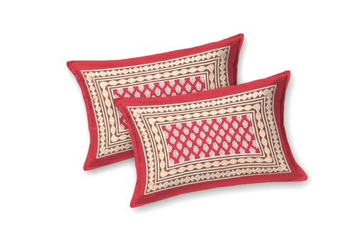 Image of Monique Brand Present 100% Pure Cotton 144 TC Jaipuri Printed King Size Bedsheet for Double Bed Red Color Bedsheet with 2 Pillow Cover (Bedsheet -Red)