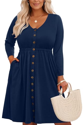 Image of Holipick Women's Plus Size Summer Dresses for Women Casual Dress with Pockets A-Line Swing Button Down Sleeveless V Neck