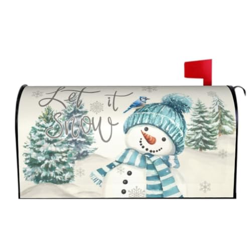 Image of Blue Snowman Mailbox Cover Magnetic- 25.5x21 Inch Large Size- Winter Pine Tree Bird Xmas Snowflake Waterproof Mailbox Wrap Post Cover for Yard Garden Outside Ourdoor Decor