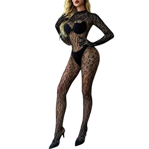 Tmboryuu Damen Babydolls Dessous BodyStocks Jumpsuit Leopard Langarmbodysuit Mesh Strumpfhosen Erotische Nachtwäsche Frauen Babydolls Dessous...