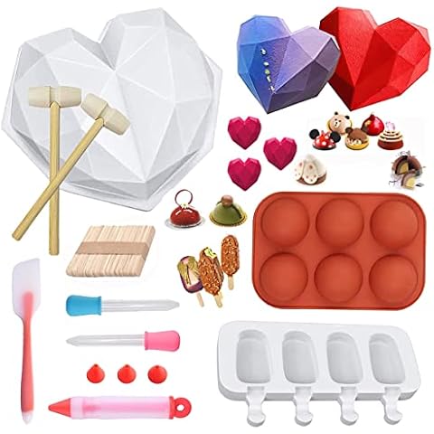 Heart Silicone Mould, 3D Diamond Heart Moulds Love Mousse Cake Mould for Valentine's Day Chocolate Cake for Making Pudding Dessert Cake Baking DIY Tools Sets Heart Shape Silicone Molds(59Pcs) Cover