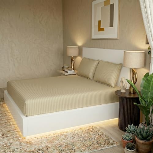 Image of Filymore Double Bed Bedsheet with 2 Pillow Covers, 300 TC Soft Microfiber Satin Striped Bedsheet, Cream Striped Bedcover for Double Bed, Breathable & Comfortable Bedding Set (90x90 Inches)