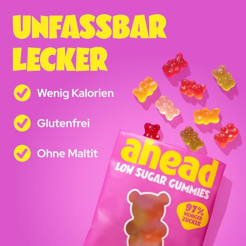 ahead Gummibärchen | Fruchtgummi Mix 18 × 50g | Gummibärchen ohne Zuckerzusatz | Nur 1g Zucker & 79 kcal pro 50 g | Kalorienarme Süßigkeiten & ballaststoffreich
