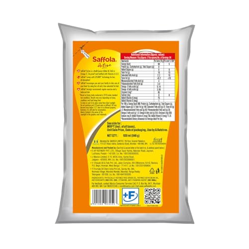 Image of Saffola Active Refined Cooking oil | Rich in Omega 3 & Oryzanol | Multi-Source Edible Rice Bran & Soyabean oil | 930ml / 850g pouch (Weight May Vary)