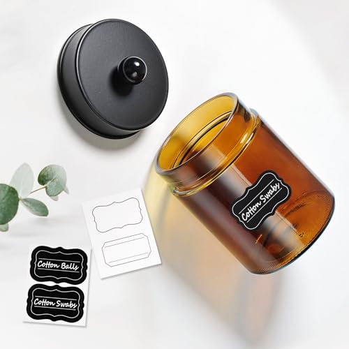 Amolliar-Amber-Glass-Apothecary-Jars-Qtip-Holder-wMetal-LidsBlack-2pc-for-Bathroom-Vanity-Storage-Countertop-Farmhouse-Style-Holds-Cotton-Swabs-Dental-Floss-Makeup-Sponges
