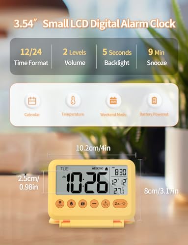 Image of Digital Travel Alarm Clock - 3.54 inch LCD Display, 9-Minute Snooze, 2 Volume Levels, Backlight, Battery Included (Yellow)
