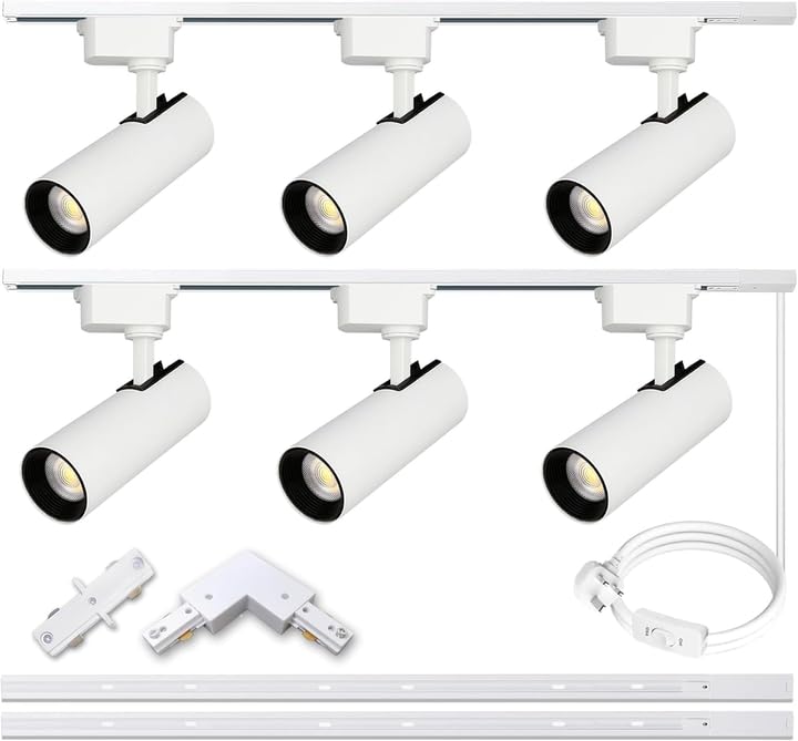 Bravsekai Track Lighting 6 Heads 4000K Natural White, 20W Extra Bright Plug in LED Track Lighting Complete Kits with 2x1m H Type Track Rails Modern Indoor Spotlight Light