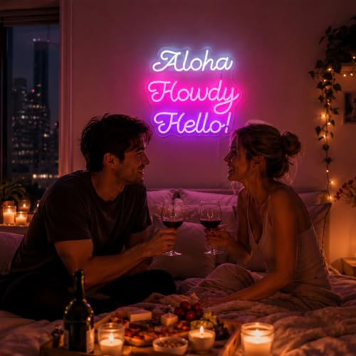 Image of Hello Howdy Aloha Neon Sign for Wall Decor Howdy Light Up Sign Aloha Led Signs for Room Party Home Wall Decor USB Powered