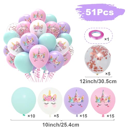 Image of Unicorn Pastel Balloons - 51pcs Light Pink Purple Macaron Tiffany Blue White Confetti Latex Balloons for Girls Women Unicorn Birthday Baby Shower Wedding Princess Party Decorations