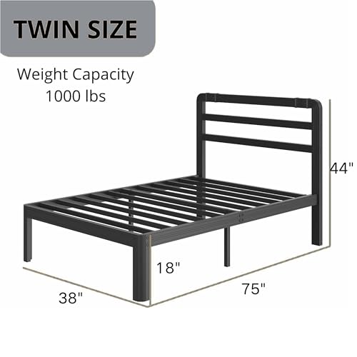 Image of ZIYOO 18 Inch Twin Metal Platform Bed Frame with Headboard, 1000 LBS Sturdy Steel Slat Bed Base, Noise Resistant, No Box Spring Needed, Easy Assembly for Apartment Dorm