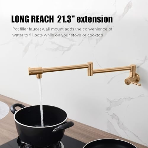 Image of Aquieen Wall Mounted Pot Filler Kitchen Faucet | Premium Brass Construction | Dual Valve Double Joint Swing Arm | 360 Rotating Folding Tap | Leak-Proof Ceramic Cartridge | Brushed Rose Gold