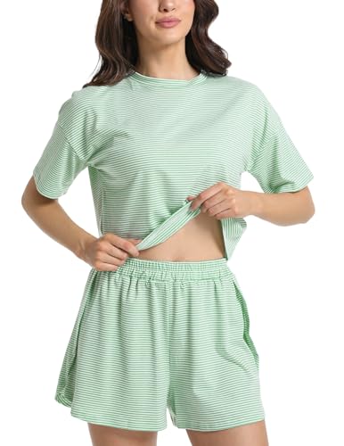 Split Short Pajama Set Soft Women's Striped Pajama Sleeve Tee & Elastic Waist Shorts Lounge Sleepwear2