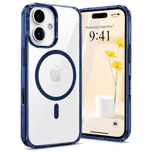 Image of Elzzi Translucent Clear Back Cover Compatible with iPhone 16, PC Shockproof Scratch Resistant, Non-Yellowing, Support Mag-Safe Wireless Magnetic Charging Case - Blue