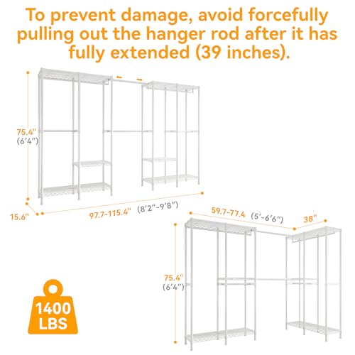 H5 Pro Heavy Duty Clothes Rack Wardrobe Closet for Hanging Clothes, Freestanding Garment Rack with Expandable Hanger Rods, Closet Organizer and Storage, (97.7-115.4")L x 15.7"W x 75.4"H, White