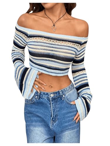 GORGLITTER Suéter feminino listrado com ombros de fora, leve, cro...