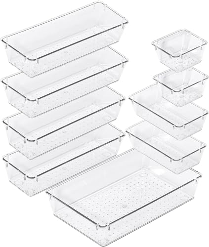 Image of Clear Plastic Drawer Organizers Set, 4-Size Versatile Bathroom and Vanity Drawer Organizer Trays, Storage Bins for Makeup, Bedroom, Kitchen Gadgets Utensils and Office (9 PC NEW SET)