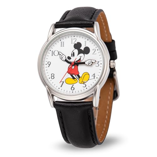Disney Mickey Mouse Watch Men - Mickey Mouse Watches for Men - Watch for - Classic Mens Watches - Gift - Silver Bezel - Leather Strap Collectible