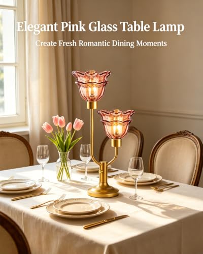 Image of Lightdot Mid Century Modern Flower Table Lamp Vintage Pink Lamp Dimmable | Nightstand Lamp Glass Gold Desk Lamp 2 Bulbs Included Warmwhite Ambient Bedside Lamps for Living Room Bedroom Home Decor Gift