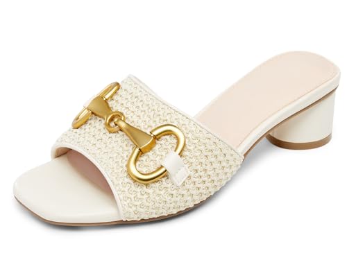 Image of Coutgo Womens Heeled Slides Sandals Square Open Toe Slip on Comfortable Kitten Block Low Heel Metal Chain Dressy Shoes