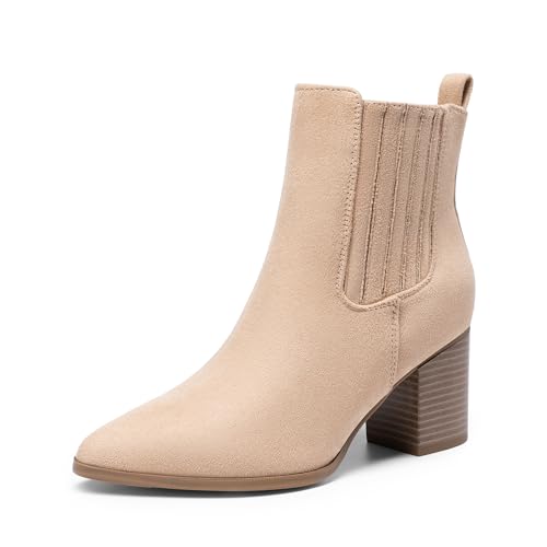 DREAM PAIRS Women's Ankle Boots Pointed Toe Chunky Block Heel Ankle Bootie Fall Short Booties Shoes 5 Sand