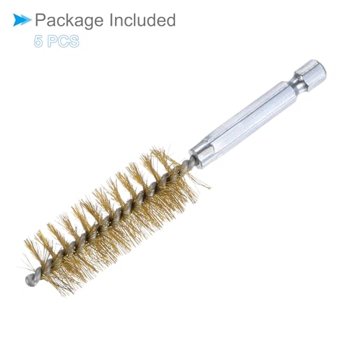 Image of Bore Brush, 19mm Dia 4 Inch Length, Brass Cleaning Wire Brushes with 1 /4 Inch Hex Shank - (Applications: for Power Drill, Die Grinder), 5-Pieces