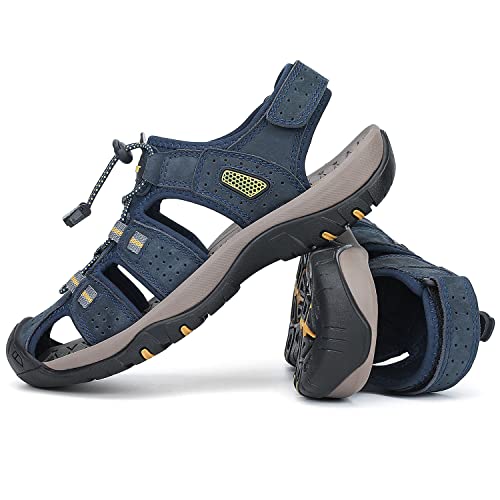 Flarut Men's Sport Sandals Outdoor Hiking Sandals Closed Toe Leather Athletic Lightweight Trail Walking Casual Sandals Water Shoes (C-Blue,44) #TOP6