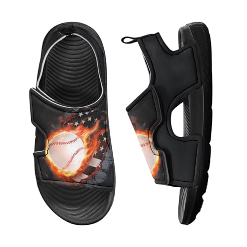 Chririnla USA Flag Summer Sandals Flame Baseball Big Kids Water Shoes Adjustable Strap Open Toe Outdoor Slides Beach Sport Slip On Waterproof Shoes