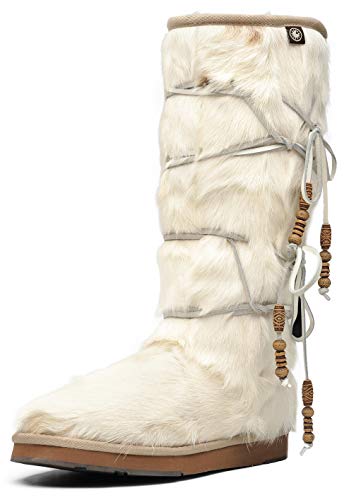 AUMU National Style Wooden Bead Sheepskin Fur Knee High Winter Snow Boots For Women White Size 10