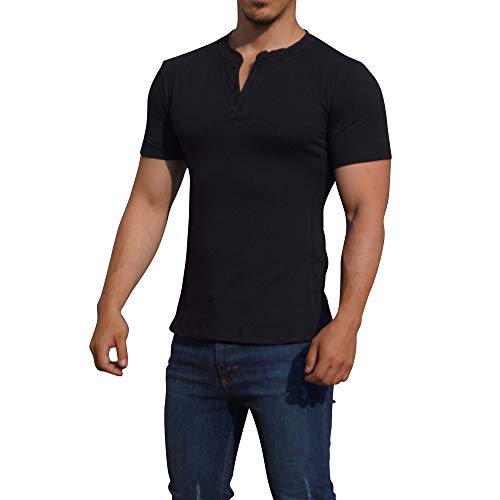 La Mejor Selección de Aca Joe los 5 mejores. 47 JOHN LEOPARD - Playera Henley de Manga Corta (Negro, M) – Playera Henley Casual Premium con Cuello Abierto y Botones, Corte Muscle Fit, Tejido Suave y Fresco con Mezcla de...