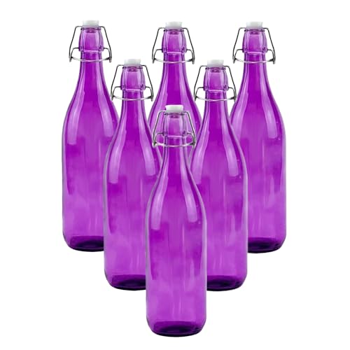 simpa 1 Litre Traditional Vintage Style Glass Bottles with Swing Top Lids - Set of 6 Purple Bottles.