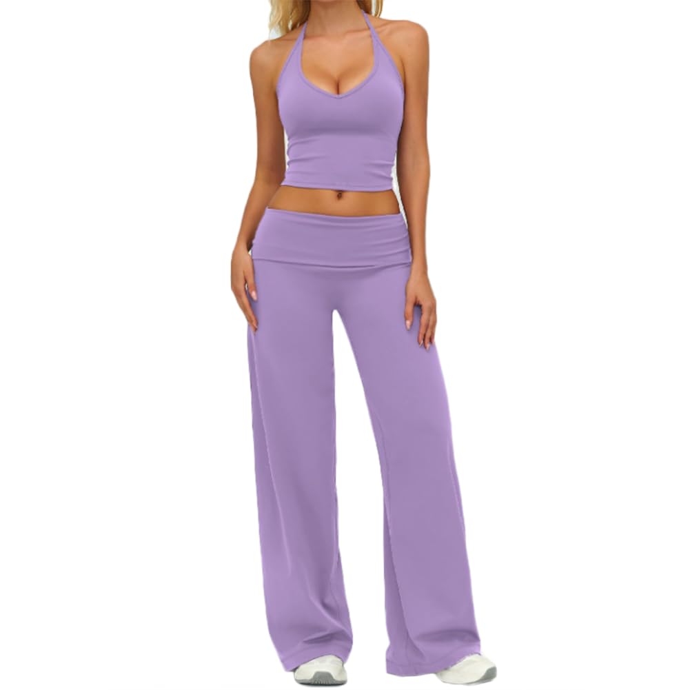 XYFfybhsd 2-Piece Yoga Outfit with Halter Tank Top & Fold-Over Waist Wide Leg Pants Loose Athletic Wear Gym Sports Activewear Set(Size:S,Color:Light purple)