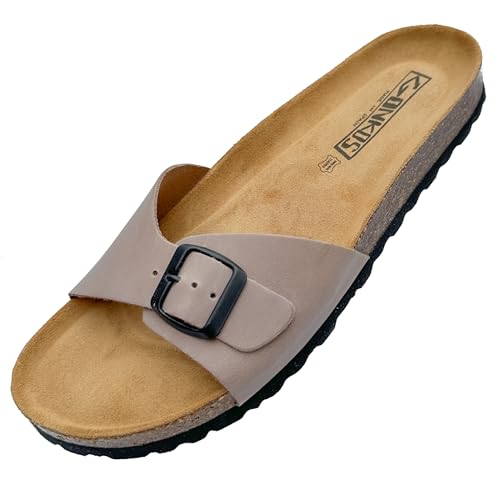 GONKOS®, Ledersandalen mit Kork Einlegesohle, Echtes Leder Pantoletten, Naturkork, verstellbare Schnalle am Fuß, Schaufelsandale für Damen, Qualitätssandale Made in Spain, Farbe Stein Größe 40