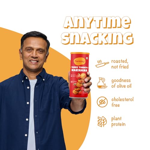 Image of Farmley Roasted and Flavoured Tangy Tomato Makhana | Namkeen Snacks & Puffed Snacks | Healthy Snack | Cholesterol Free | Gluten Free | Rich In Protein & Fiber | Roasted in Olive Oil - 77g Jar
