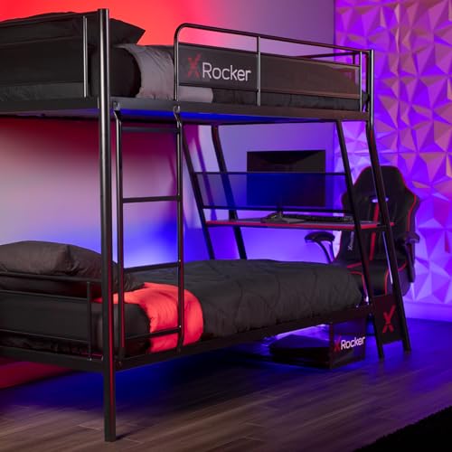 X Rocker Armada Gaming Bunk Bed, Durable Metal Frame, Built-in Gaming Desk, Safe Ladder, Grid Mesh Sides, 7000301, 95.6" x 41.5" x 64.2", Twin Over Twin, Black