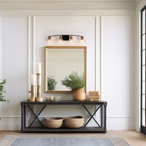 Image of KSANA Bathroom Light Fixtures, 4-Light Black and Plating Brass Vanity Lights for Bathroom, 32.3'' Large Modern Bathroom Lighting Lights Over Mirror with Clear Glass Shade