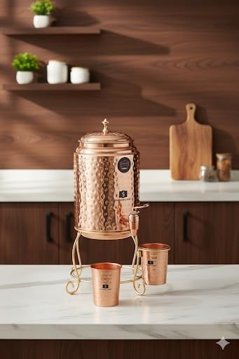 Image of SHANKAR & SONS 5 Litre Copper Water Dispenser Pot with Golden Iron Stand and 2 Glasses | Hammered Texture, Non-Toxic, BPA Free with Added Health Benefits Traditional Matka for Drinking Water