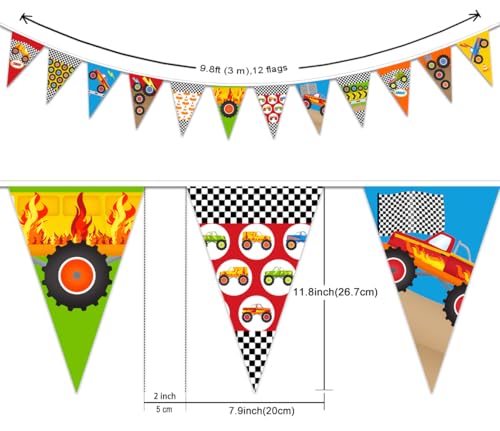 Image of Monster and Truck Party Banner, Race Car Themed String Flags, Car Racing Party Decorations Hanging Decors for Birthday Baby Shower Racing-themed Party Supplies