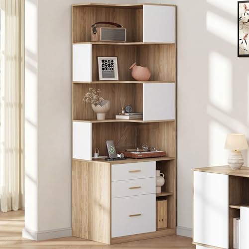 Image of ModernMate 74.4 inch Corner Bookshelf with 3 Drawers and Storage, Power Outlet