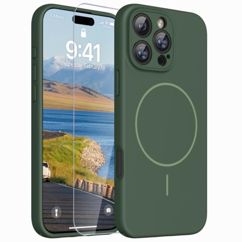 Image of Magnetic for iPhone 16 Pro Max Case,Shockproof Matte Cover,Dark Green | with Screen Protector,Compatible with MagSafe,Military Grade Drop Protection,Full Camera Protection,Non-Slip Design Case