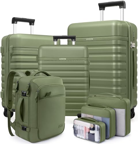 UKEIN PRO Luggage Sets 7 Piece Durable Hardside ABS Carry on Luggage with Spinner Wheels & YKK Zipper TSA Lock Large Checked Travel Suitcase With Backpack Set for Men and Women 20/24/28 Inch
