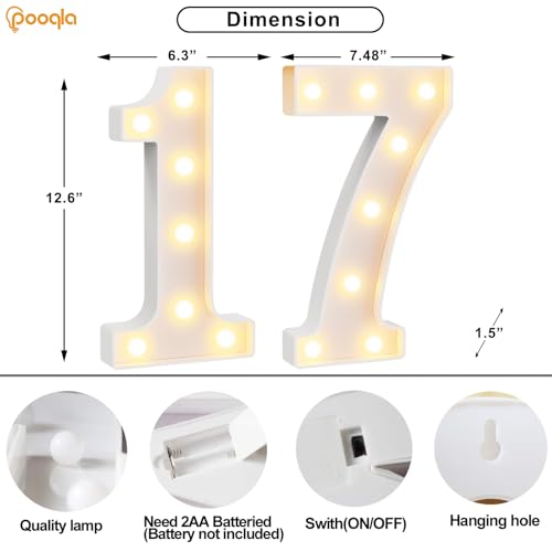 Image of Pooqla 17th Birthday Decorations for Girls Boys, Large 12.6 in Tall Light Up Numbers for 17th Party Decorations Table Decor, Big Marquee Numbers 17th Birthday Gift for Girls Wedding Anniversary Decor