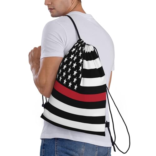 Usa Firefighter Red Line Flag Drawstring Bag Sports Sackpack Water Resistant String Bag For Sport Shopping Yoga Gym, Medium3